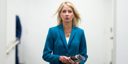 Rep. Mary Miller, R-Ill., arrives for the House Republican Conference caucus meeting on Feb. 11, 2025. 