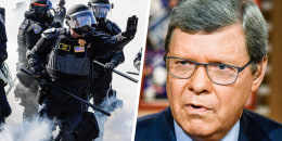 A split image of California Highway Patrol outside using smoke bombs, left, and Charlie Sykes