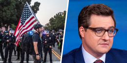 A split composite image of a man walking across a street holding an American flag with police standing behind him, left, and Chris Hayes