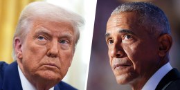 A split composite image of President Donald Trump, left, and Barack Obama.