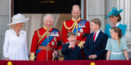 Queen Camilla, King Charles III, Prince Louis of Wales, Prince William, Prince George, Princess Catherine and Princess Charlotte
