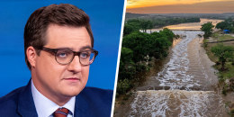 A split composite image of Chris Hayes, left, and a flooding river