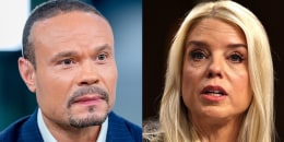 composite image. left: NEW YORK, NEW YORK - JUNE 18: Host Dan Bongino as US Open winner Gary Woodland visits "FOX & Friends" at Fox News Channel Studios on June 18, 2019 in New York City. (Photo by Roy Rochlin/Getty Images). right: WASHINGTON, DC - JANUARY 15: Former Florida Attorney General Pam Bondi testifies before the Senate Judiciary Committee during her confirmation hearing for U.S. Attorney General in the Hart Senate Office Building on Capitol Hill on January 15, 2025 in Washington, DC. U.S. (Photo by Chip Somodevilla/Getty Images)
