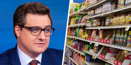 A split composite image of Chris Hayes and grocery store shelves