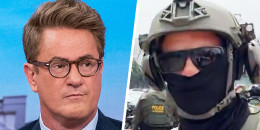 Side by side of Joe Scarborough and a screenshot from video of a Border Patrol Officer outside Gavin Newsom's press conference. 