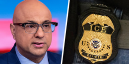A split composite image of Ali Velshi, left, and an ICE badge.