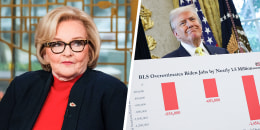 A split composite image of Claire McCaskill, left, and Donald Trump holding a large chart