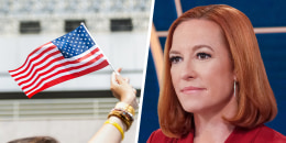 A split composite image of someone holding an American flag, left, and Jen Psaki.
