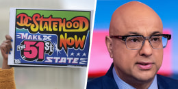 A side by side of a protester holding a sign that reads "DC Statehood Now, Make DC the 51st State" and Ali Velshi.