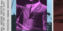 Photo collage of a man standing at a microphone alongside text that reads "devastating damage expected" 