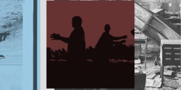 Photo collage of silhouettes against a backdrop of destruction from Hurricane Katrina 