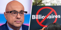 A split composite image of Ali Velshi, left, and a sign with the word billionaires crossed out in a red circle