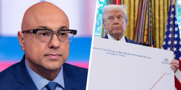 Ali Velshi; President Donald Trump holds a chart on household income.