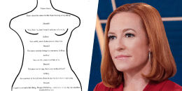 A split composite image of a birthday letter showing text inside of the shape of a woman's body, left, and Jen Psaki