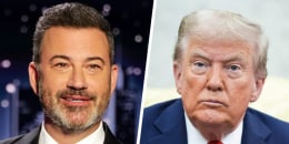 A split composite image of Jimmy Kimmel, left, and Donald Trump