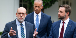 Russell Vought, director of the Office of Management and Budget, Senate Majority Leader John Thune and Vice President JD Vance speak to members of the media following a meeting at the White House 