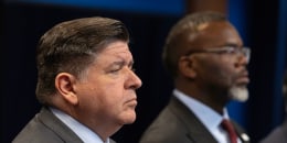 Illinois Gov. JB Pritzker and Chicago Mayor Brandon Johnson at a news conference on Oct. 6, 2025 in Chicago.