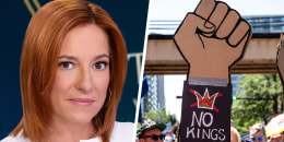 Jen Psaki; "No Kings" sign at a protest.