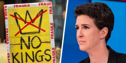 "No Kings" sign; Rachel Maddow