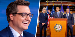 Chris Hayes; House Minority Leader Hakeem Jeffires, joined by House Minority Whip Katherine Clark and House Democratic Conference Chair Rep. Pete Aguilar on Capitol Hill.