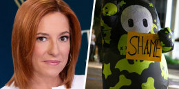 Jen Psaki; A protester in an inflatable suit holding a sign outside the U.S. Immigration and Customs Enforcement building.