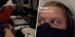 A woman on a plane in a jam — perhaps even a jammy egg.