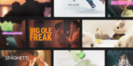 Screenshots of various video edits with text overlays, including "Big Ole Freak," "Spaghetti!," and "Don't go to Russia"