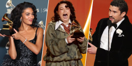 Olivia Dean, Lola Young and Bad Bunny at the 2026 Grammy Awards. 
