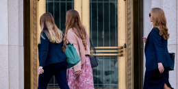 Plaintiff "K.G.M." (C) arrives at Los Angeles Superior Court.