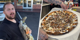 Ryan Izquierda and two frozen iguanas he foraged, which he gave to Bucks Coal Fired Pizza to turn into the final pie, shown right.
