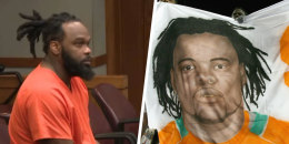 Left: Rashaun Jones appears in court on March 2, 2022.
Right: MIAMI - NOVEMBER 23: Teammates of Bryan Pata #95 of the University of Miami Hurricanes walks to mid-field after defeating the Boston College Golden Eagles at the Orange Bowl Stadium on November 23, 2006 in Miami, Florida. Pata was shot and killed after practice three weeks ago. Miami defeated Boston College 17-10. (Photo by Doug Benc/Getty Images)