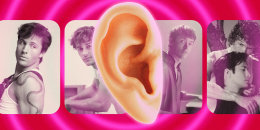 Rob Rausch, Christopher Briney, Tom Blyth and Hudson Williams and Connor Storrie with a large ear and audio waves surrounding them