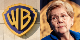 A split composite image of the Warner Bros. logo on the side of a building, left, and Elizabeth Warren