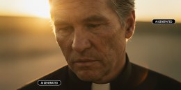 The first-look image of the late Val Kilmer appearing in the upcoming film "As Deep as the Grave" using AI technology. Kilmer plays a southwestern spiritual leader named Father Fintan.