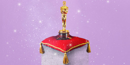 collage of the oscar award on a red pillow surrounded by stars 