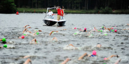 Swimmers compete in the Ironman Texas triathlon