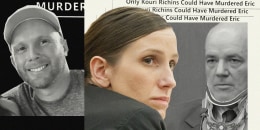 Illustration of Eric Richins, Kouri Richins, and private investigator Todd Gabler in court.