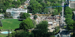 Construction cranes on the site of the proposed White House ballroom on April 17, 2026.