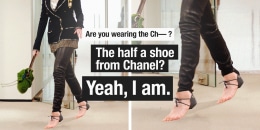 Illustration of Anne Hathaway in "The Devil Wears Prada," full length. Photos of the Chanel half sandals are overlayed onto her feet with text reading "Are you wearing the Ch-?" "The half a shoe from Chanel? Yeah, I am."
