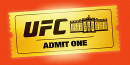 A shiny, golden ticket that shows the UFC and White House logos with "ADMIT ONE" written on it.