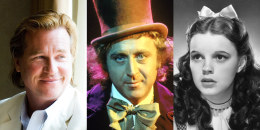 A three way image showing Val Kilmer, left, Gene Wilder, and Judy Garland.