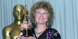 Brenda Fricker holds up her Oscar after winning Best Supporting Actress for her role in My Left Foot on March 26, 1990 in Los Angeles, CA. 