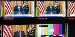 Donald Trump appears in a repetitive TV monitor display while standing at a lectern and speaking into a microphone.