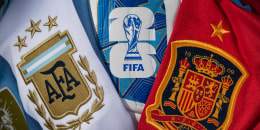The Argentina and Spain Badges with the Official World Cup 2026 Match Ball
