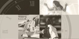 Photo illustration of a clock and multiple images of household tasks like sitting at a laptop, doing dishes, holding tv remote, and sleeping. 