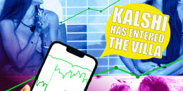 Photo illustration of photos from the latest season of Love Island with graphs from Kalshi and text that reads "Kalshi has entered the villa."