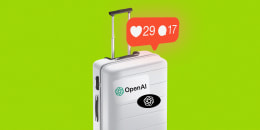 A suitcase with Open AI logo stickers and an Instagram-style notification alert showing 29 likes and 17 comments.