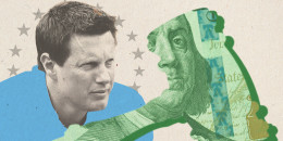 Photo illustration of a gavel, a hundred-dollar bill, and David Ellison.