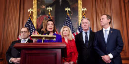 Image: House Speaker Nancy Pelosi holds a press conference with other ranking Democrats to unveil articles of impeachment against President Donald Trump at the Capitol on Dec. 10, 2019.