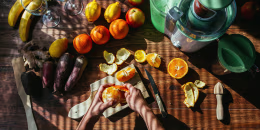 Woman's hands peeling orange for squeezing juice